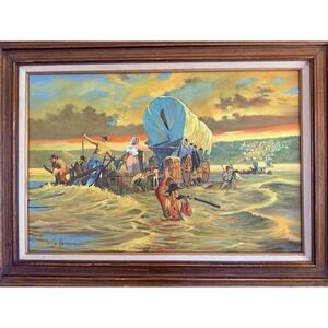 Vintage Original Oil Painting Pioneer Wagon River Crossing Dawn  Signed 32x44
